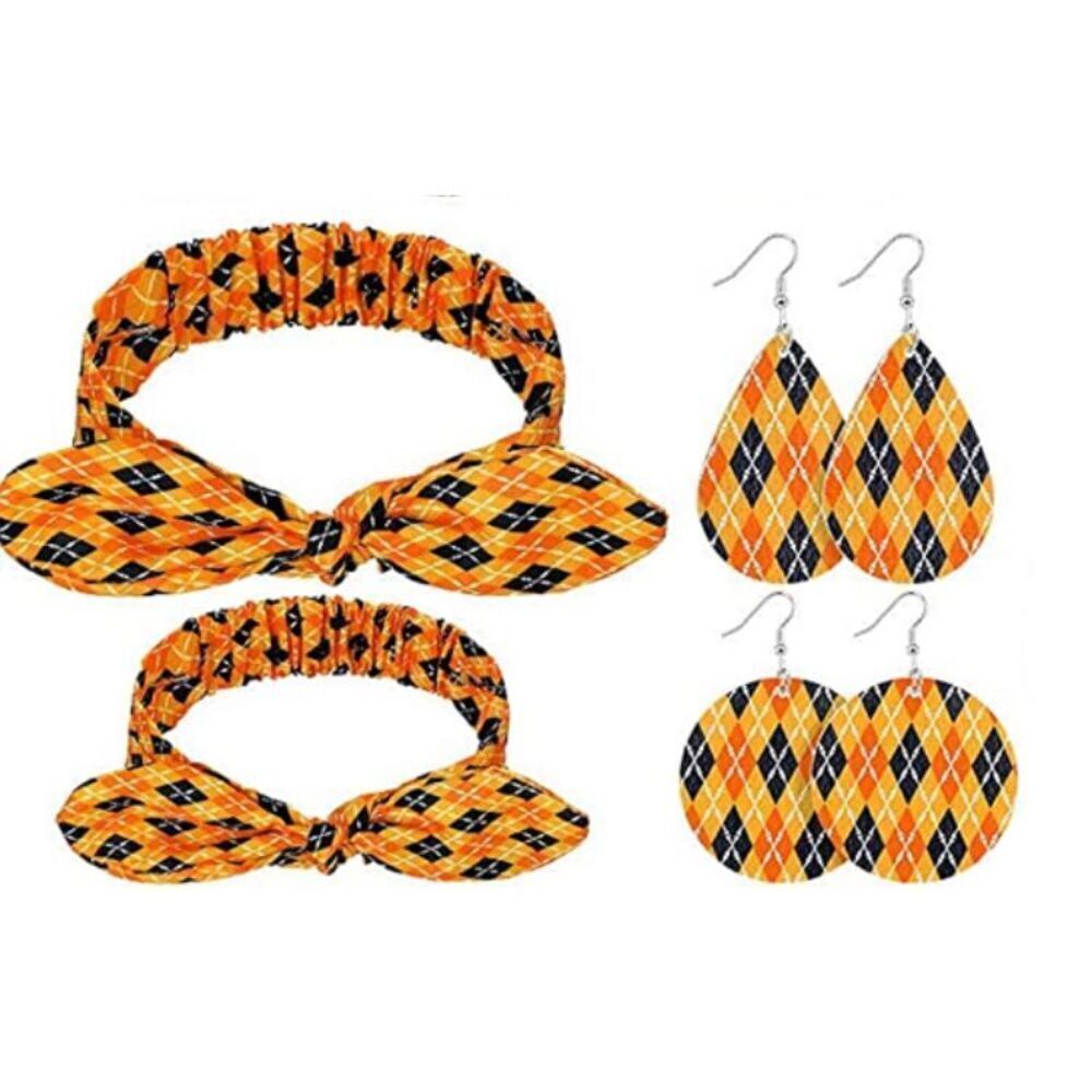 🌻5/$20🌻 Black and Orange Plaid With Skeleton Bones Headband and Earring Set